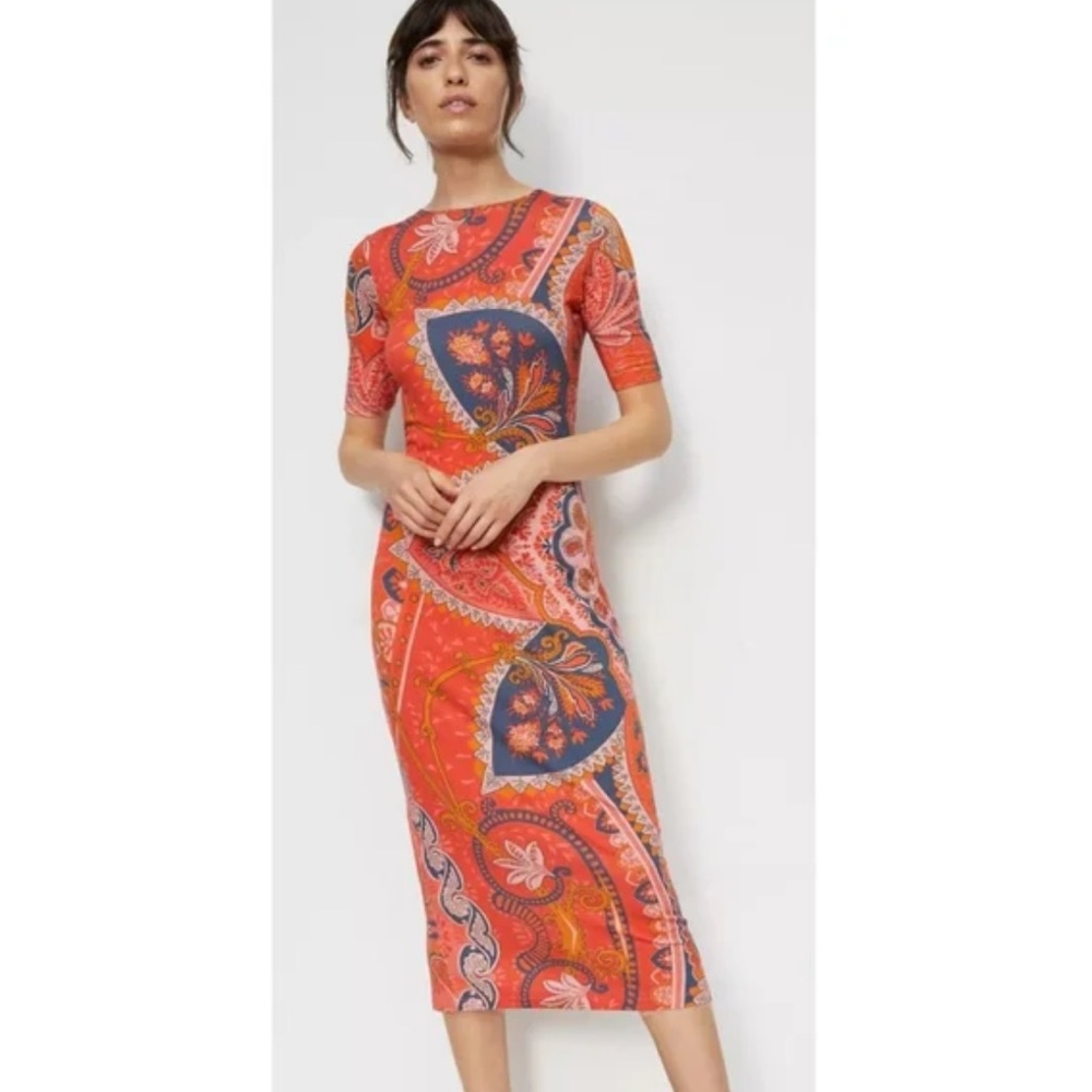 FAM Rio X Anthropologie Orange/Redish Giannina Paisley Floral Knit MidiDress XS